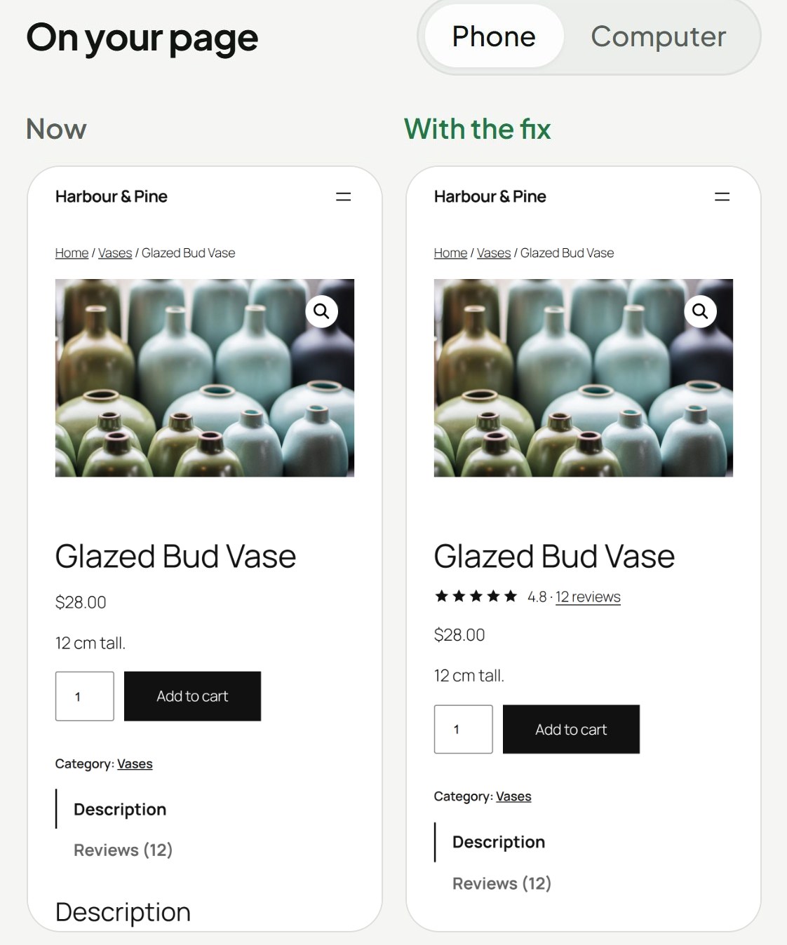 Harbour & Pine's product page on a phone now: the reviews are only in a tab below the buy button.